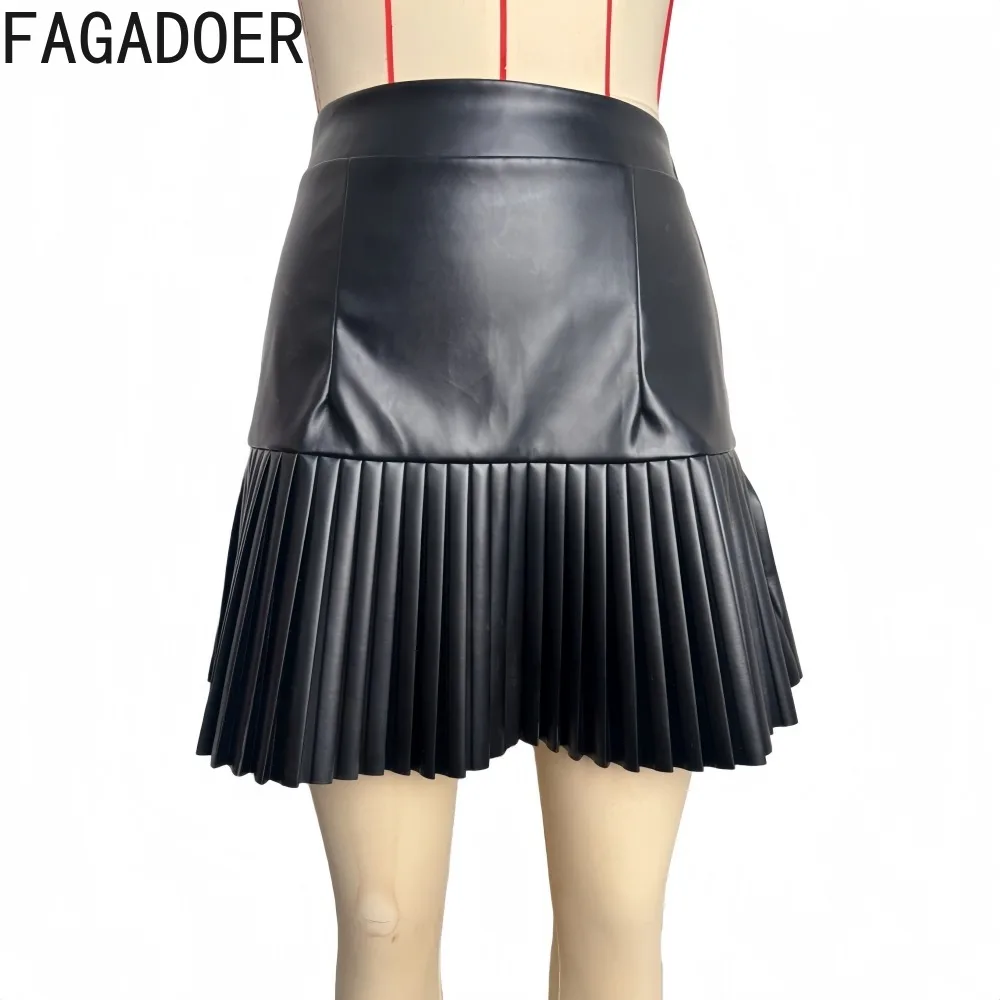 Jupe plissée moulante en cuir patchwork FAGADOER, jupe trapèze taille haute unie pour femme, bas de vêtements streetwear