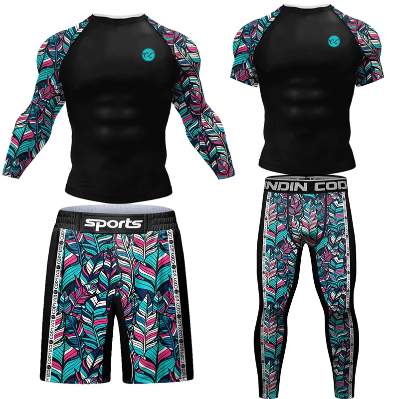 Sportowe Jiu Jitsu BJJ Rash Guards T-shirt + spodnie Zestawy męskie BJJ No GI MMA Ranked Boxing Kompresyjna warstwa podstawowa Rashguard Odzież