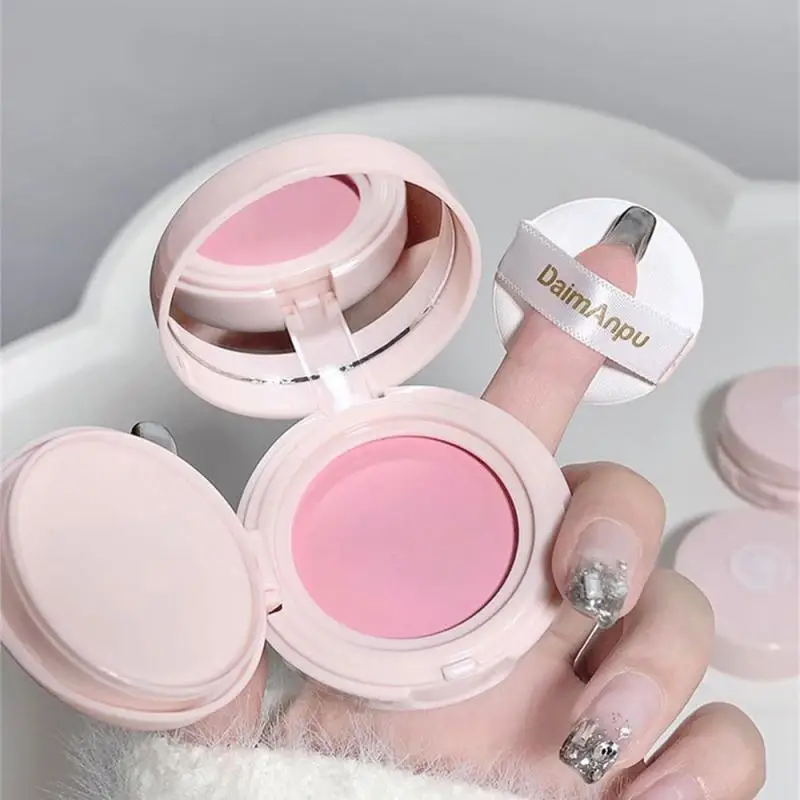 Girl's Pink Face Blush Mud Mousse Blush Palette Rose Cherry Cheek Tint Blusher with Puff Makeup Matte Peach Rouge Contour Shadow