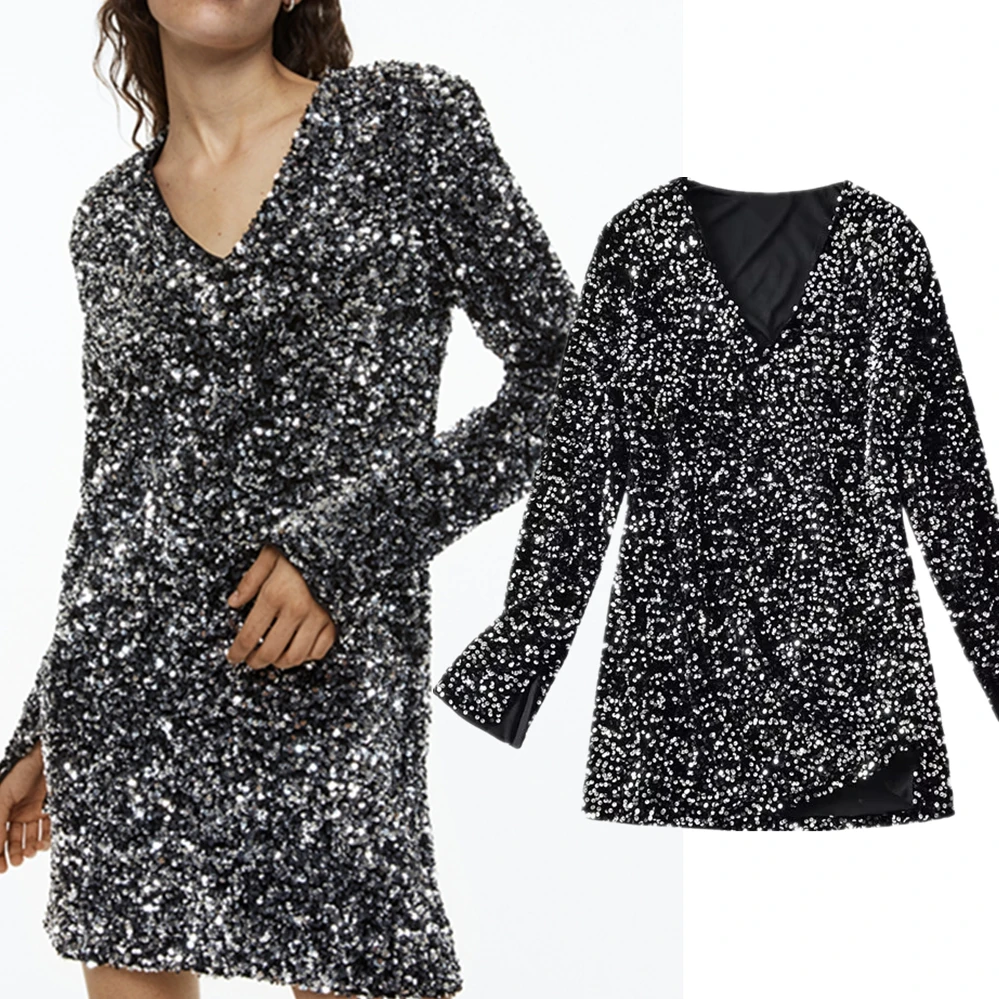 

Maxdutti British Fashion Ladies Mini Dress Party Dress Slim Sequin V Neck for Women