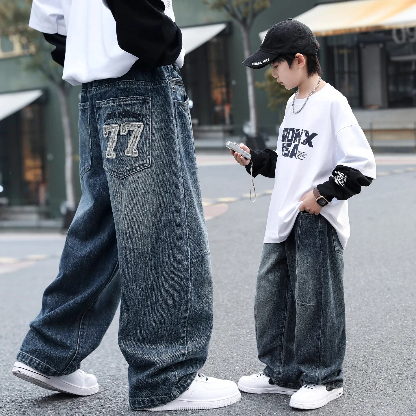 2026 Children Boys Jeans UNITIM Autumn 4-14Yrs Boys Letter Pockets Straight Pants Loose Elastic Waist Junior Boys Denim Pants