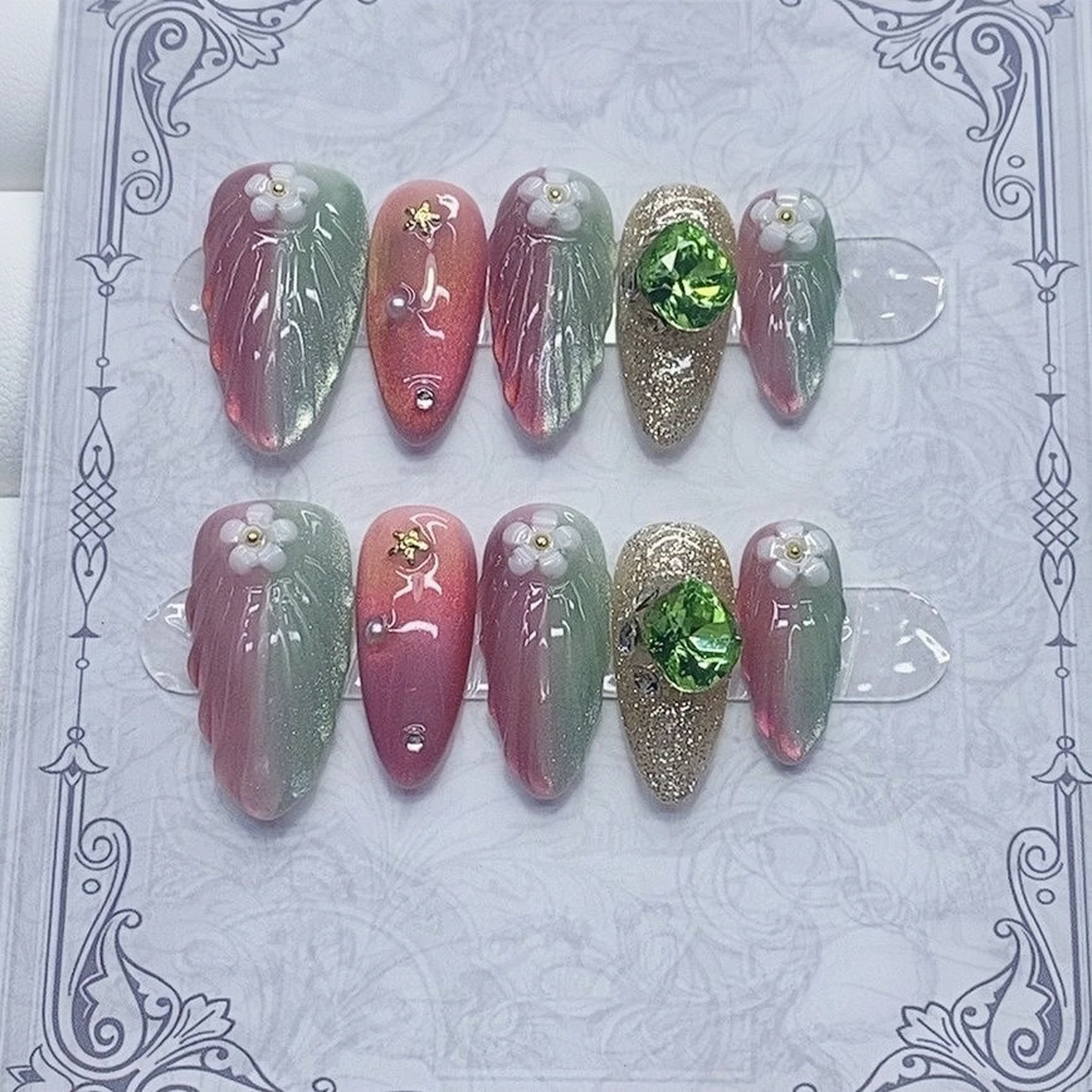 10Pcs Press on Nails  Manicure Handmade Art Medium Almond Pattern Fake Nails Cute 3D Bowknot Style Design Nail with Set