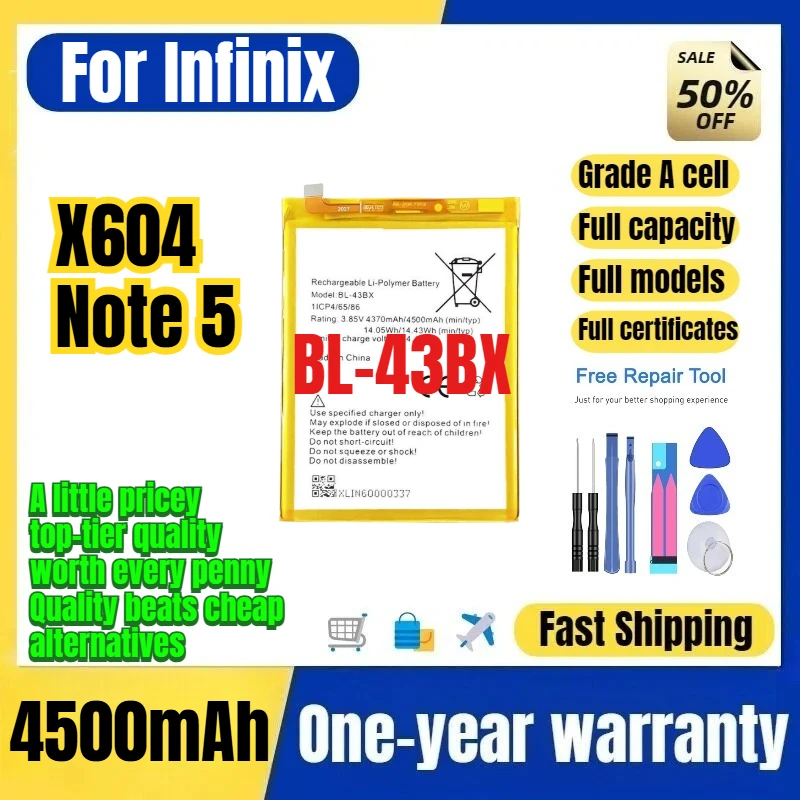 BL-43BX for Infinix Tecno X604/Note 5 Phone Battery 0 Cycle High Capacity Battery Replacement Bateria Grade A Cell with Tools