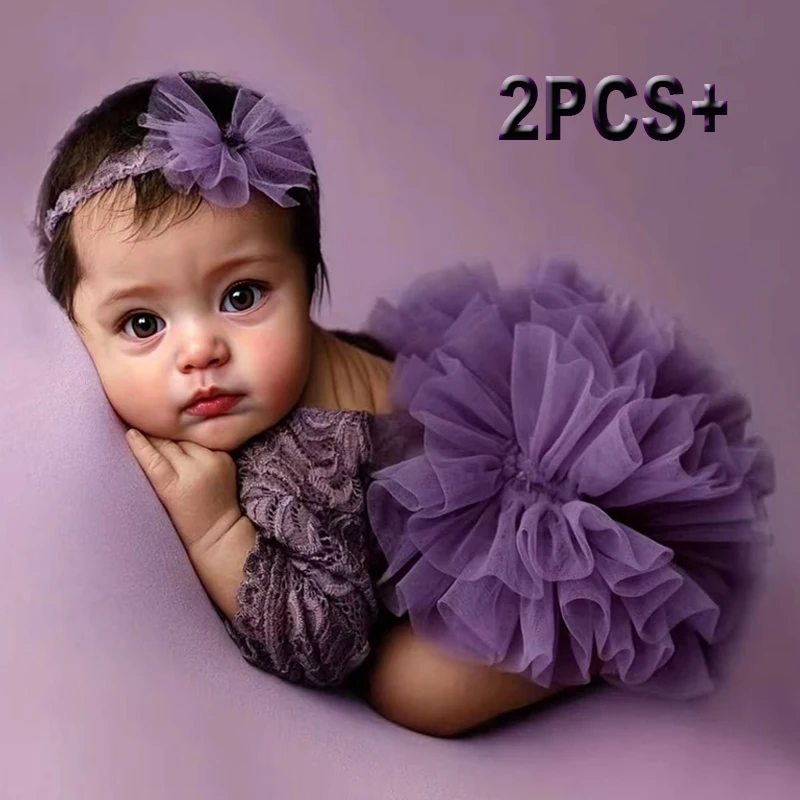

Ylsteed 2Pcs Dusty Pink Newborn Lace Romper For Photo Shooting Fluffy Mesh Lace Photography Outfits With Headband-HD