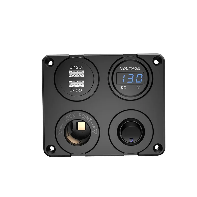 Universal 4 in 1 Switch Panel 2.4A USB Ports Fast Charger+LED Voltmeter+12V 24V Power Socket + On-Off Switch for Car Boat RV