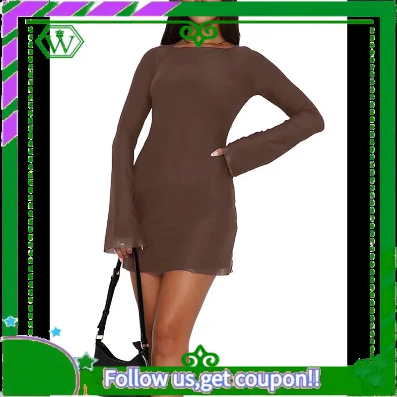 A18P-ผู้หญิงแขนยาวมินิเดรสคอเรือตาข่ายBell Sleeve TieกลับSheer Backless Bodycon Y2kสั้น