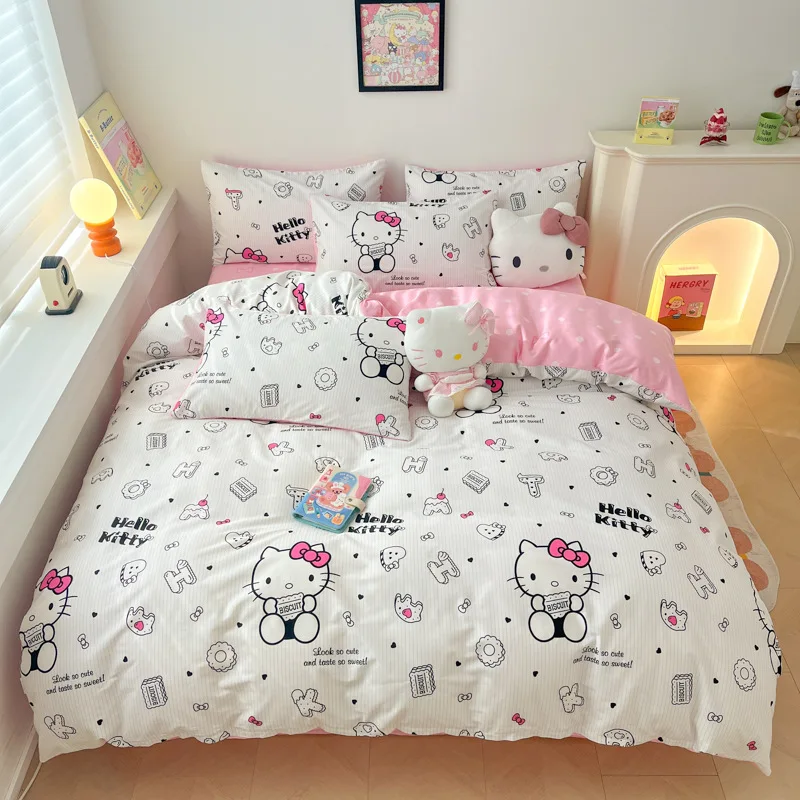 Cartoon Miniso Hello Kitty Cinnamoroll My Melody Kuromi 1.2M Bed Pure Cotton Sheets Quilt Cover Pillowcase Three-Piece Set