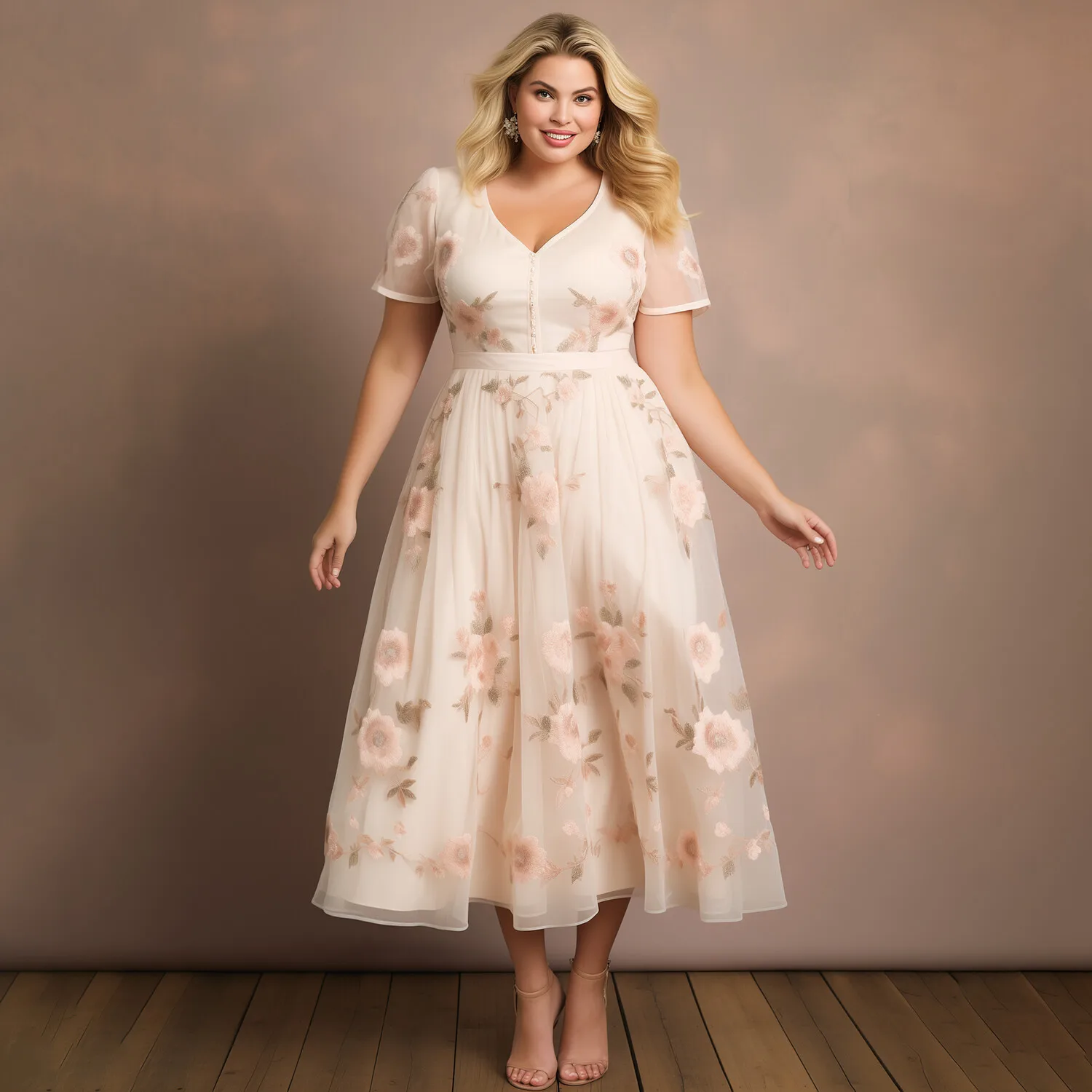 Flycurvy grote maat bruiloftsgast beige mesh knoop bloemenprint midi-jurk