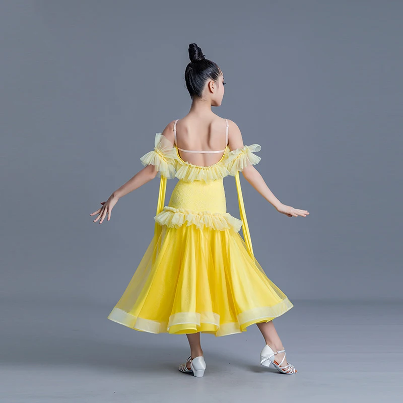 Kids Ballroom Dance Competition Dress Lace Standard Dancing Clothes Girls Tango Practice Wear Waltz Dance Stage Costume VDB6646