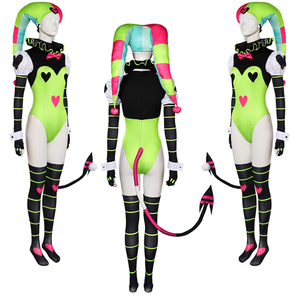 Fizzarolli تأثيري القماش الأخضر زي الكرتون Helluvae دور Bosses للنساء وتتسابق بذلة قبعة الذيل قفازات هالوين البدلة