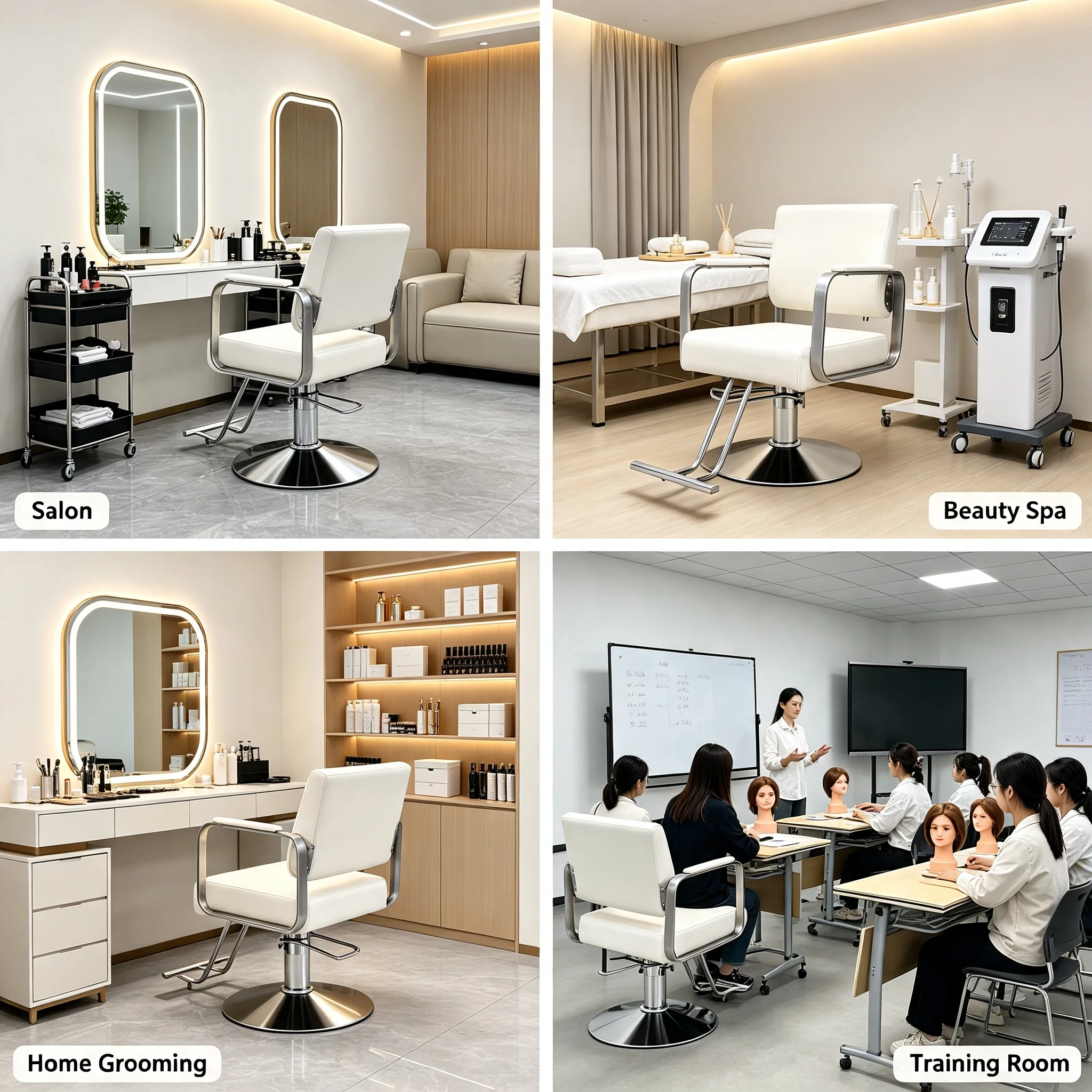 Stylist Chair for Salon 360° Rotatable Barber Chair with Hydraulic Pump, Height Adjustable 31.9-35.4in & 440 lbs Capacity, PU Cushion Ergonomic Backrest for Beauty Salon Barber Shop, Beige-White/Silver