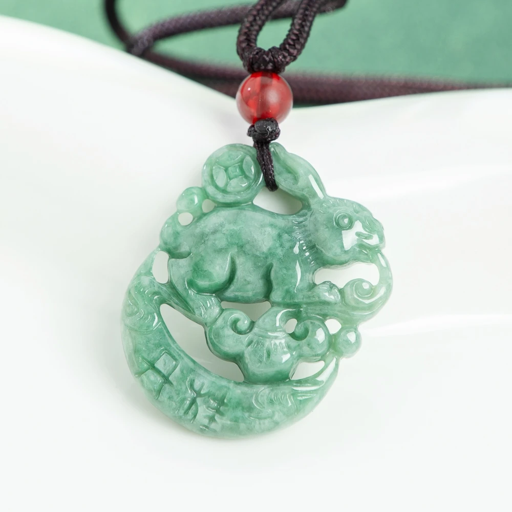 

TIMESWIND Natural A-type Jade Green Zodiac Rabbit Moon Coin Hollow Pendant Women Necklace with Certificate