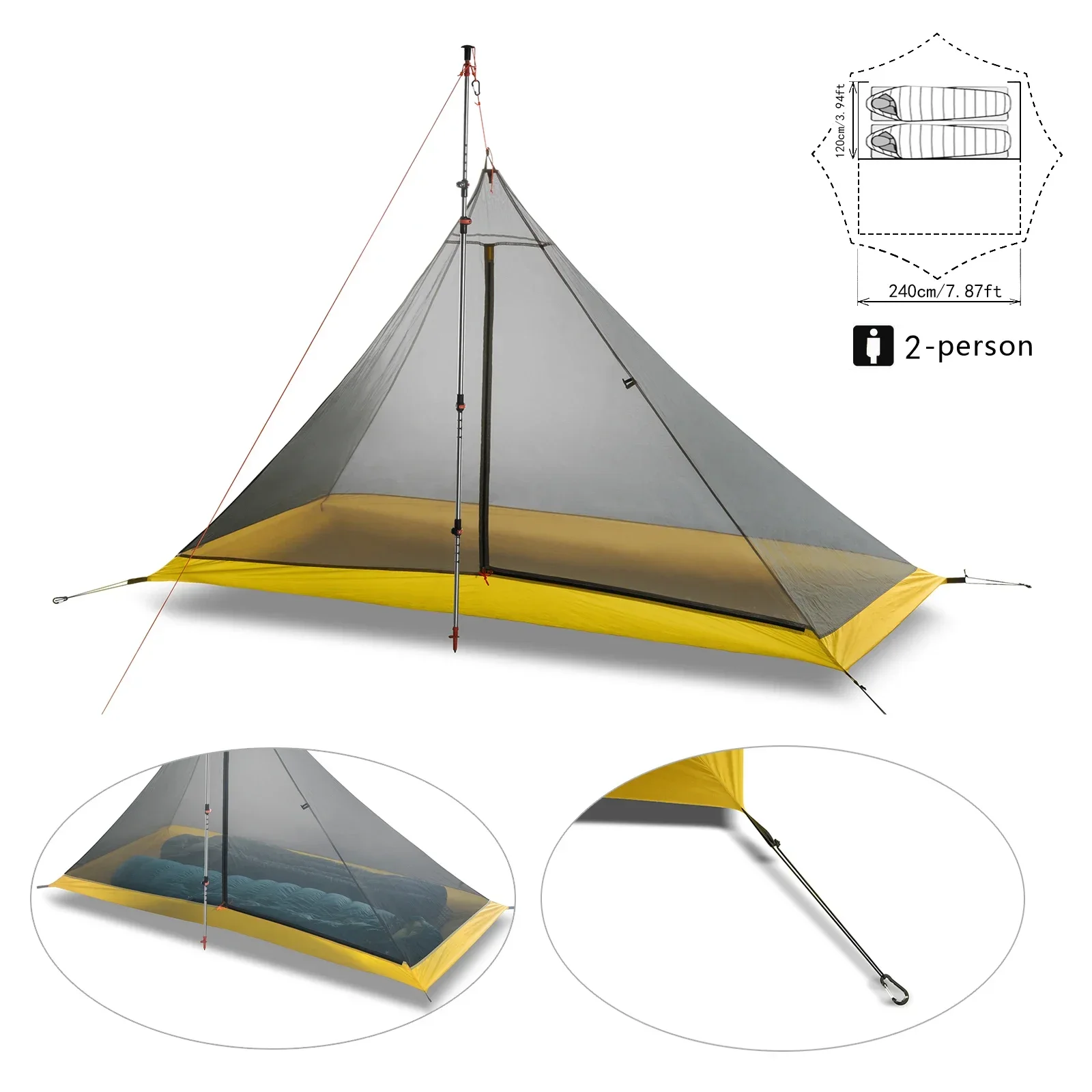 Ultralight Camping Tent 2-4 Person Outdoor 40D Nylon Silicone Coated Rodless Pyramid Large Tent Breathable 3-4 Season Inner Tent