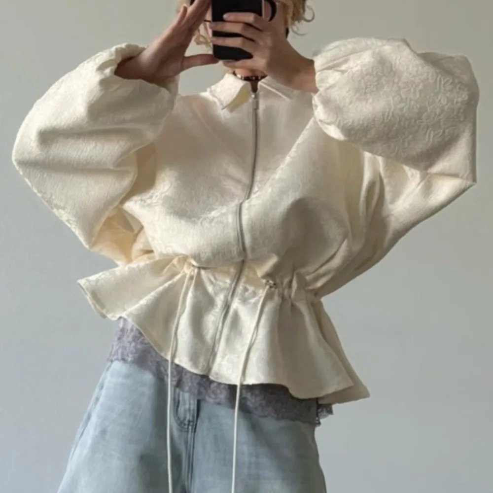 Solid Color Women Jacket Drawstring Waist Zip Up Waist-Cinching Jacket Beige Printed Jacquard Texture Casual Outerwear