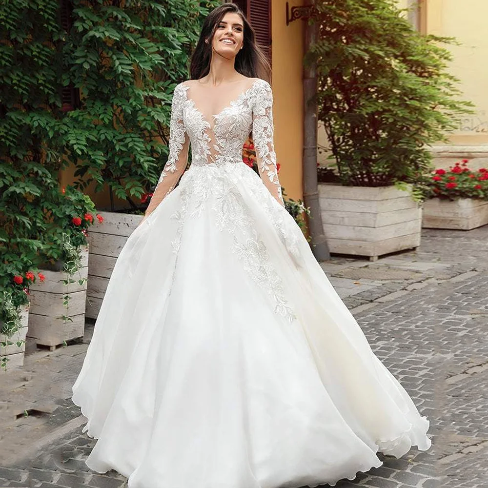 YCJ Deep V Neck Wedding Dresses A Line Applique Lace Bridal Grown Sweep Train Customized Long Sleeves Ball Gown свадебное платье