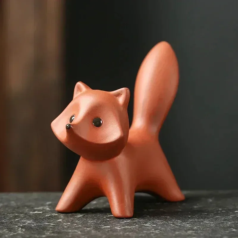 Handmade Purple Sand Little Fox Tea Pet Cute Animal Figurine for Kung Fu Tea Set Desktop Ornament Gift