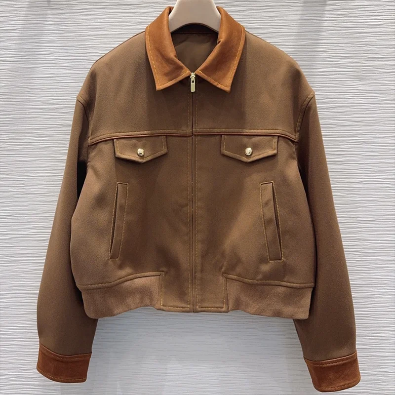 Hochwertiger Damenmantel im neuen Stil mit Faltenkragen und Reißverschluss im Farbblock-Design für Damenbekleidung 25120824