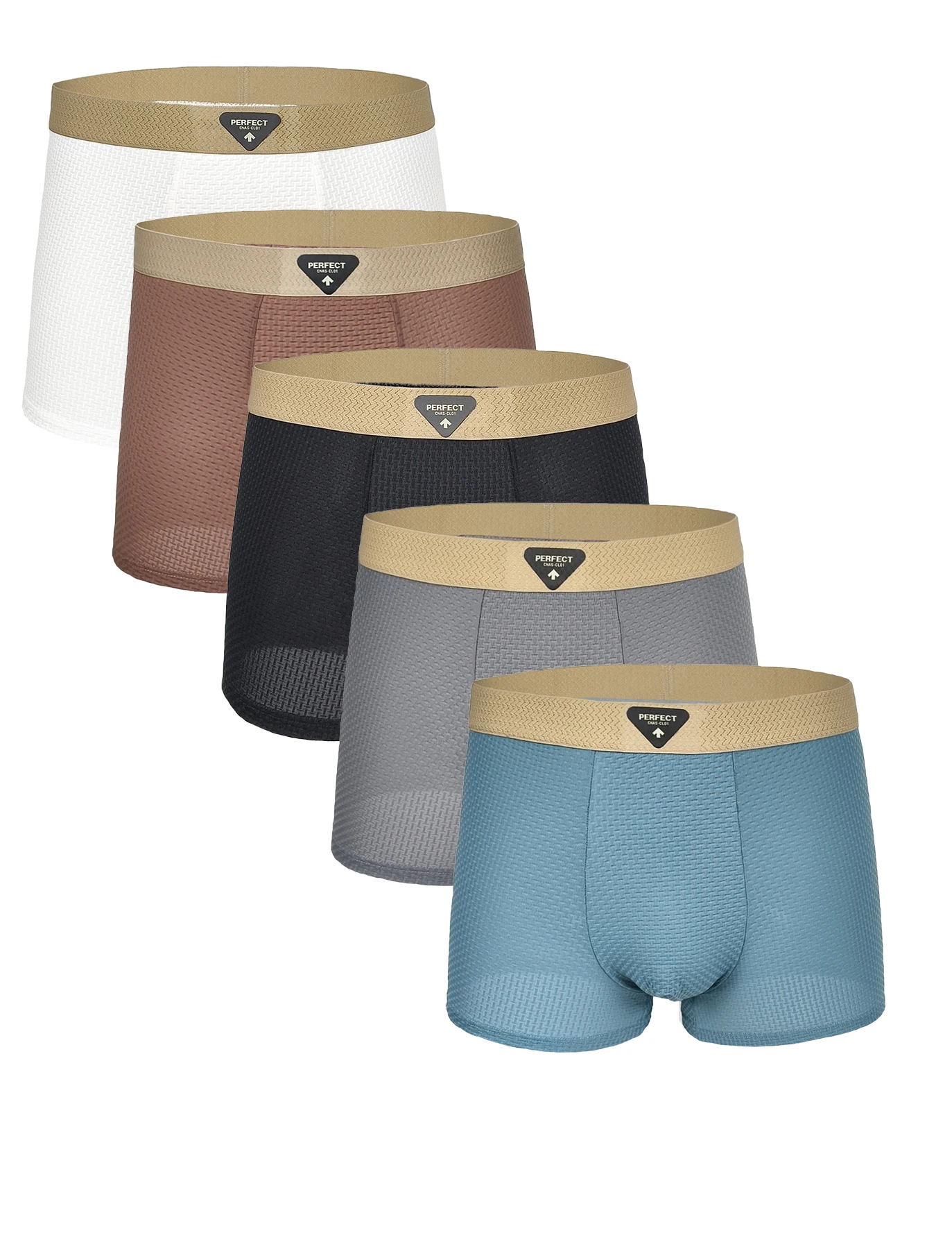 

Men's 5-Pack Ice Silk Boxer Briefs - 3D Textured Mesh, "PERFECT" Logo Waistband, Assorted Multicolor Underwear Set