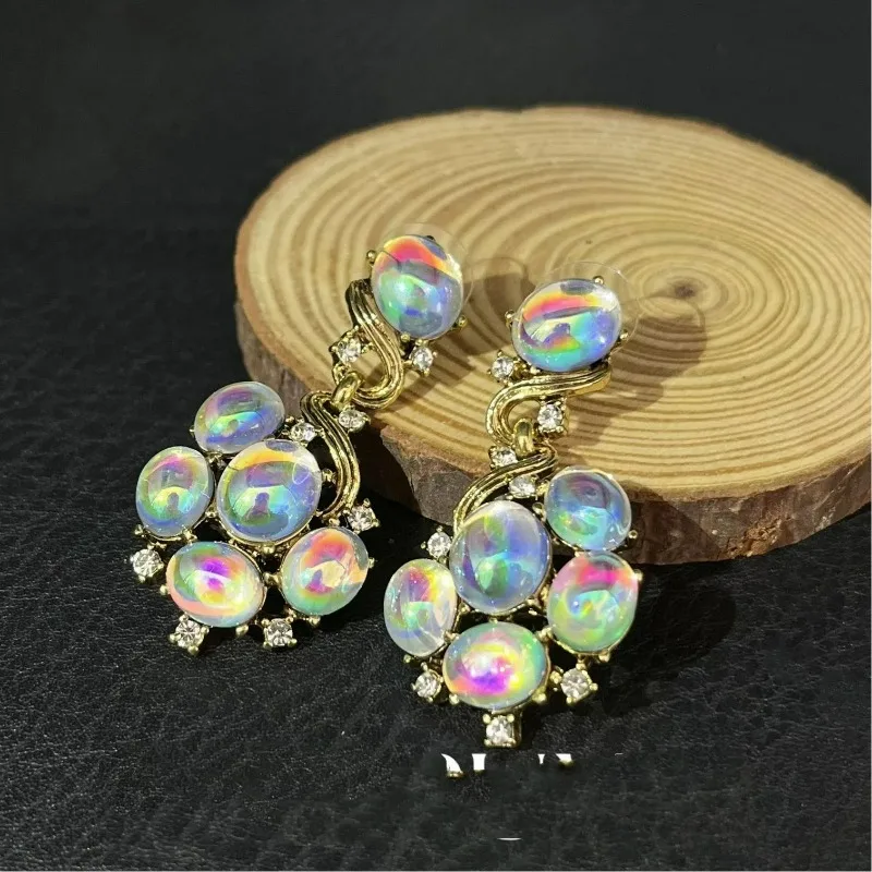 

New Style Fresh Shiny Rainbow Oval Resin Summer Sweet Retro Sense Dangle Earrings Niche Design Cubic Zircon Stud Earrings