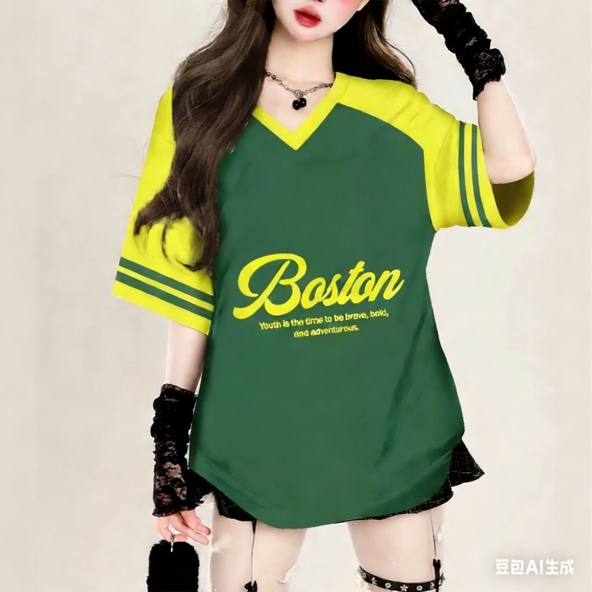 2026 Women LETTERS BOSTON Print V-Neck Short Sleeve T-Shirt Summer Tops Baseball Jerseys Stripe Oversized Sport Outdoor T-Shirt