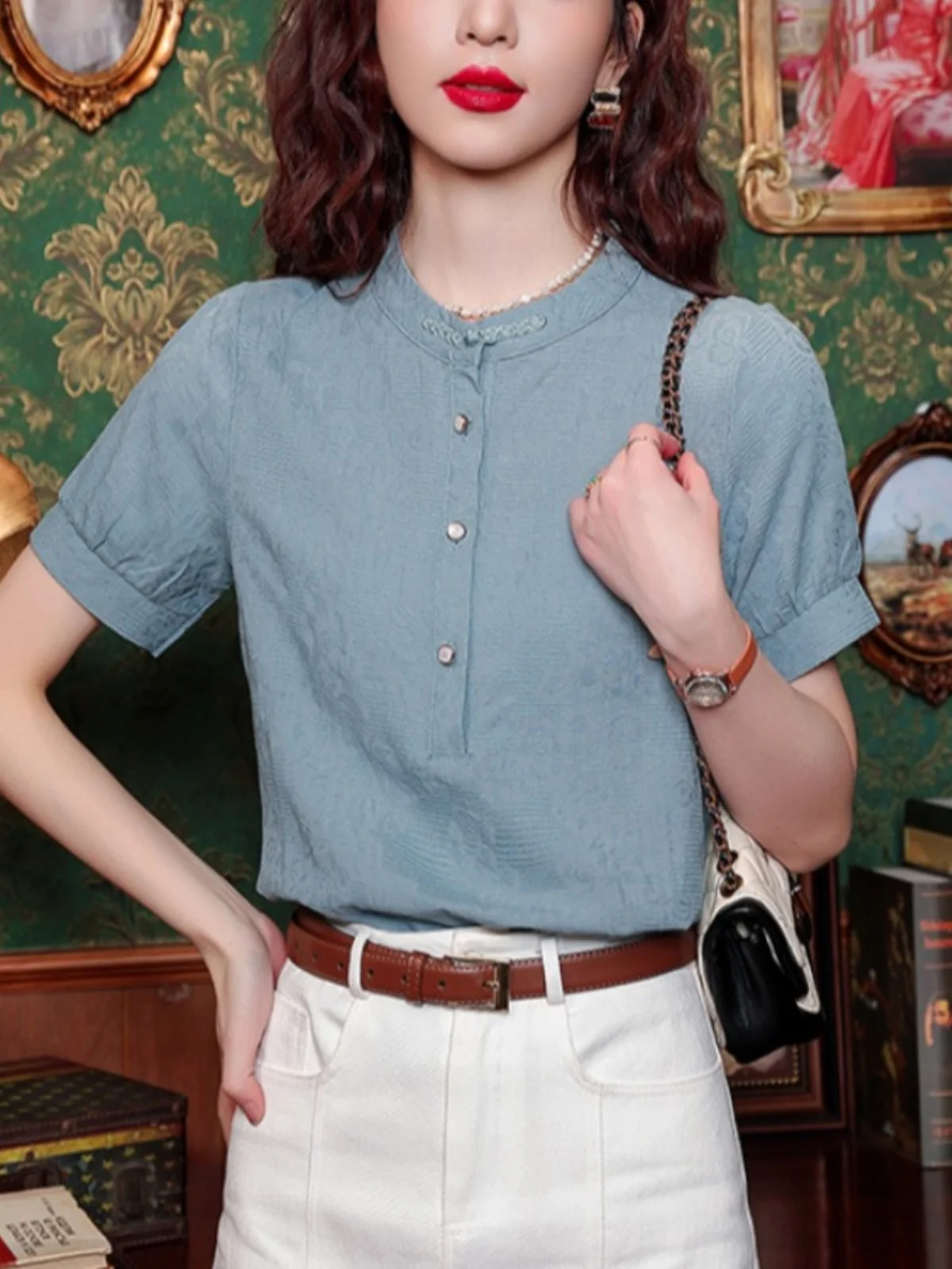 

Pure Cotton Ladies irt Stand Collar Button up Loose Fit ort Sve Summer Faion Slimming Top Versatile Casual Wear