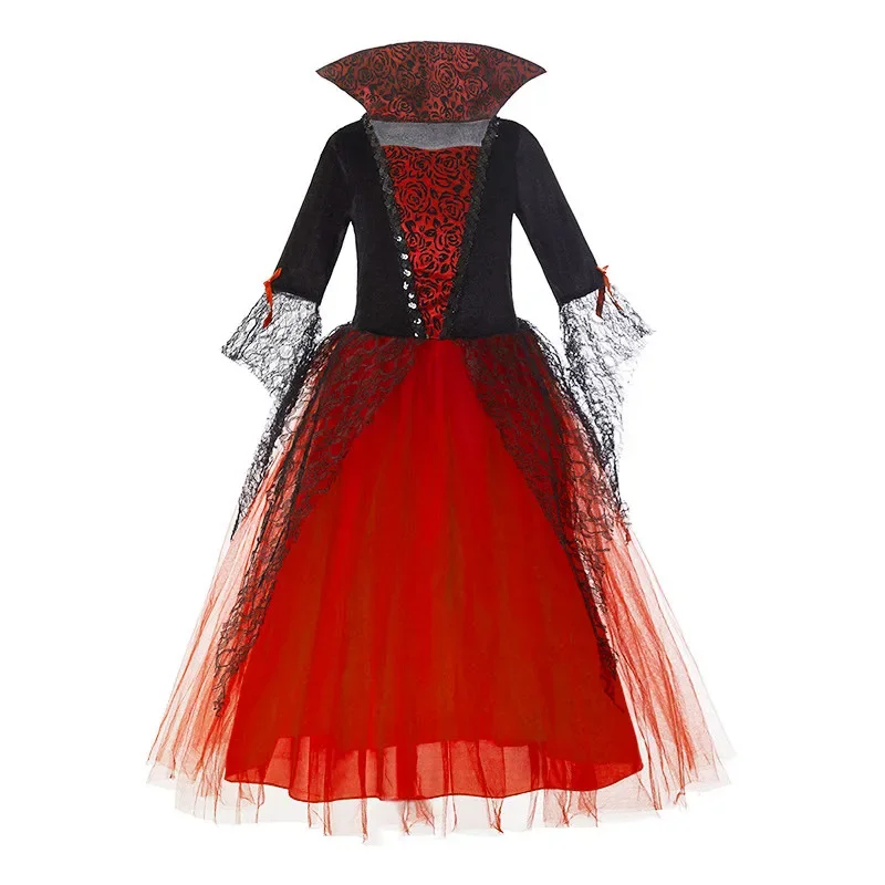 Mädchen Langarm-Teufel-Vampir-Kleid Kinder Spitzen-Tüll-Kleid mit Dreizack-Horn-Stirnband Halloween Cosplay Party Set – Detail 2
