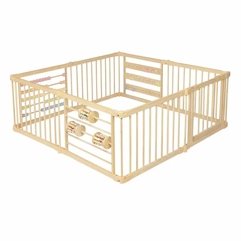 Wooden toy fence with extra-large toddler and baby panels, foldable