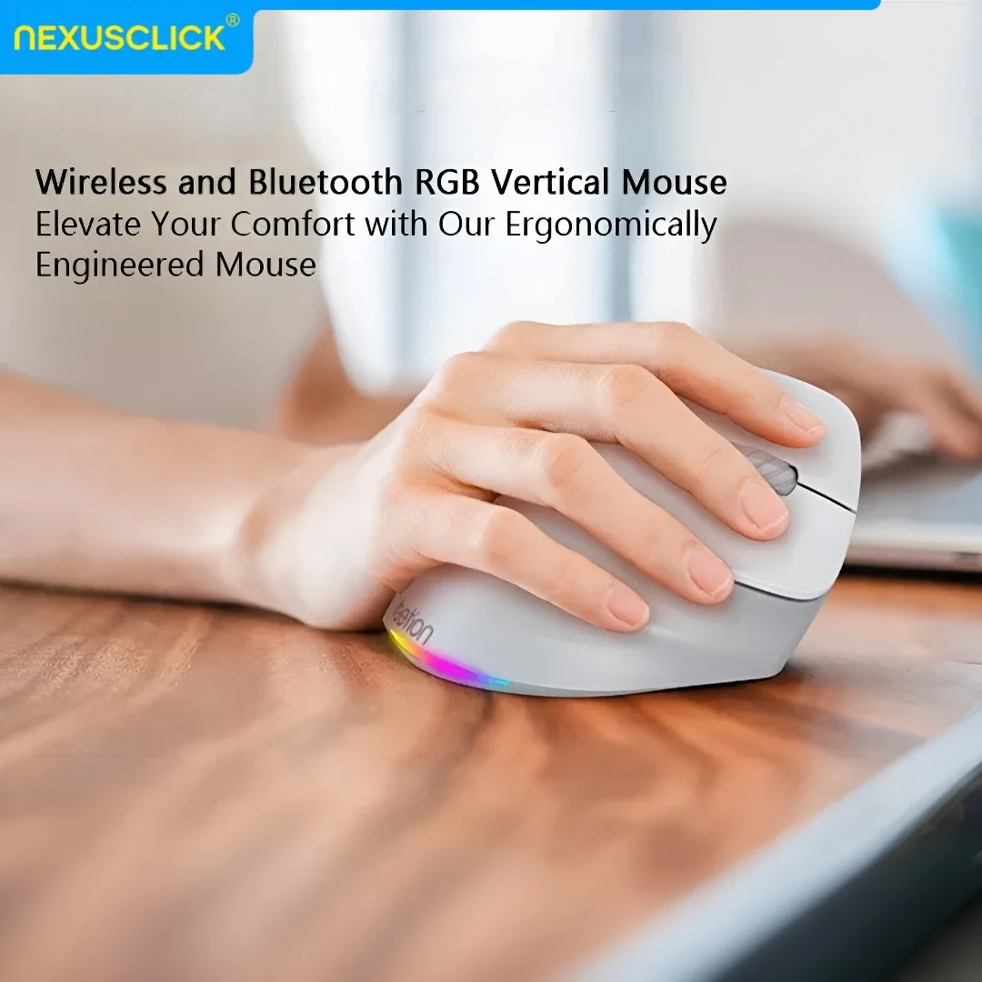 NexusClick Dual Mode Vertical Ergonomic Wireless BT/2.4G Mouse DPI Adjustable Rechargeable RGB Mute Buttons Office for Laptop PC