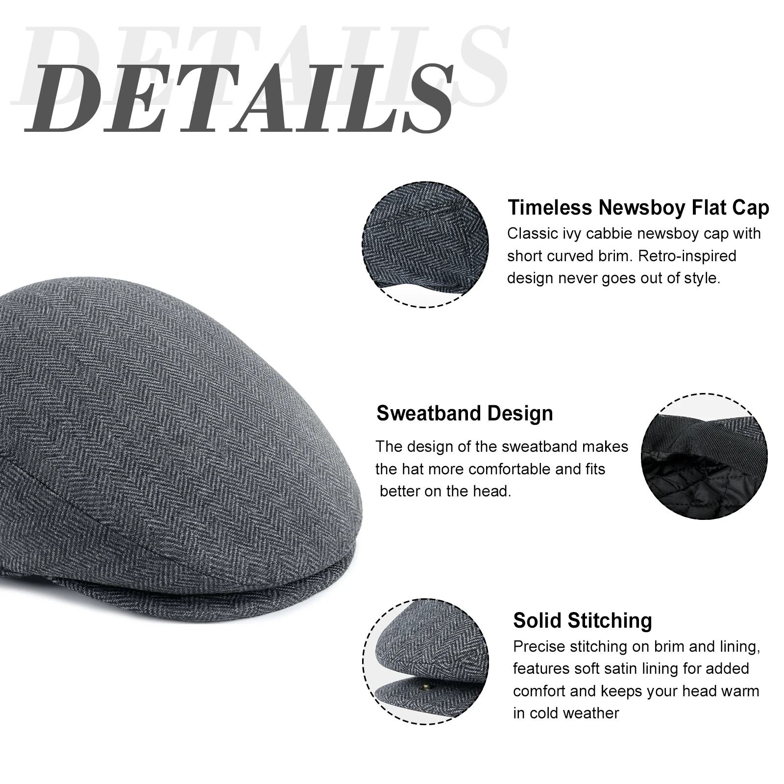 FEINION Men Wool Blend Tweed Newsboy Cap Ivy Cabbie Driving Flat Hat