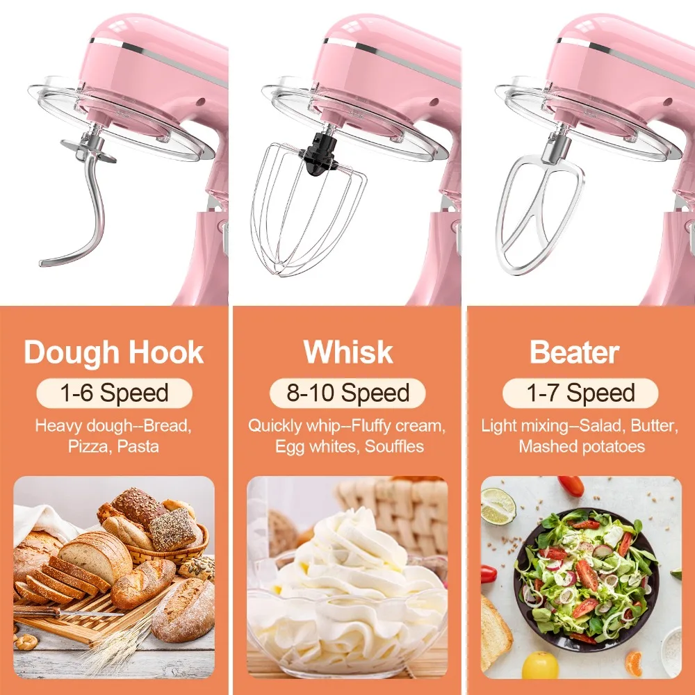 Electric Mixer 3-IN-1, 660W 10-Speed With Pulse Button, Attachments include 6.5QT Bowl, Dough Hook, Beater, Electric Stand Mixer