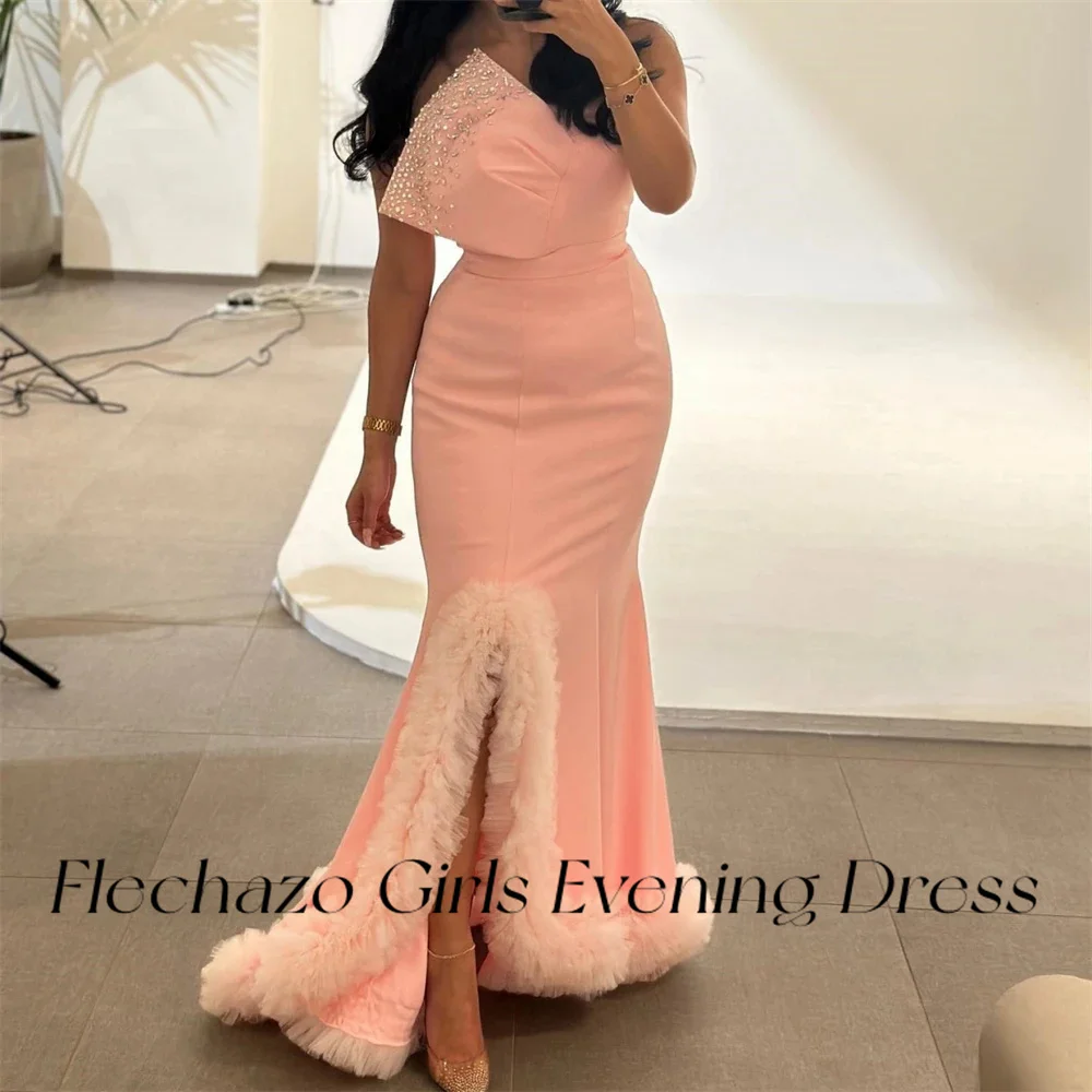 Flechazo Roze Prom Jurken Strapless Gelaagde Kralen Split Vloerlengte Formele Feestjurk Voor Dames 2024 Vestidos De Noche