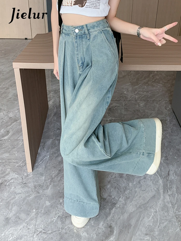 Jielur Fashion Vintage Distressed Loose Women Jeans American Street High Waist Slim Basic Simple Casual Full Length Female Jeans