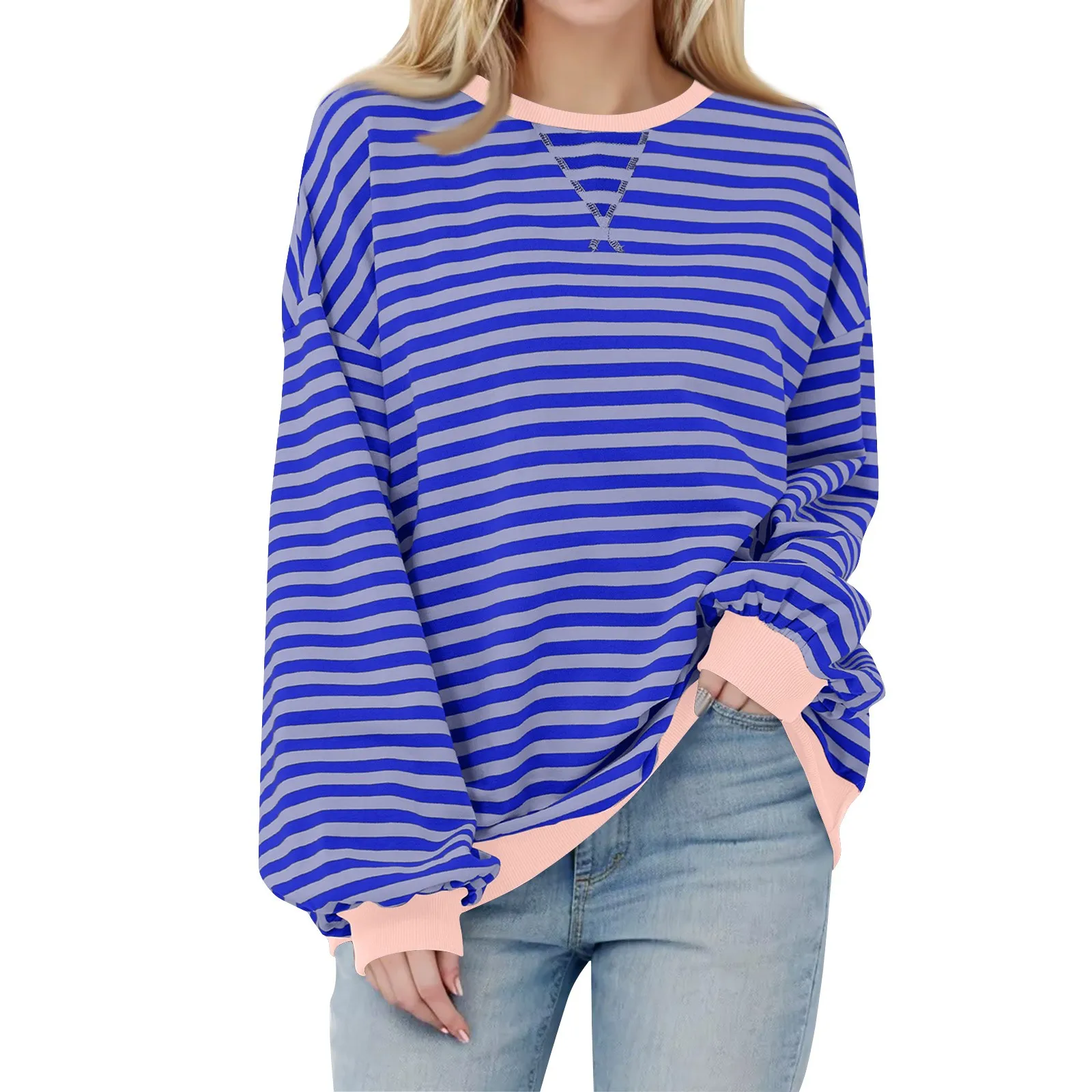 여성 의류 Women\'s Oversized Striped Color Blocking Long Sleeved Round Neck Sports Shirt Casual Loose Fitting Pullover Shirt Top