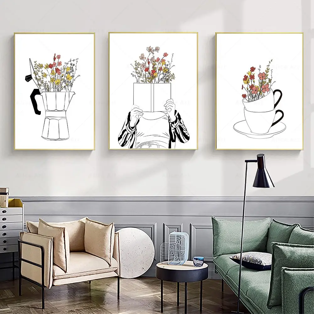 Minimalist Line Coffee Mug Canvas Painting Nordic Coffee Flowers Wall Art Pictures Print Cafe Shop Posters Kitchen Wall Decor