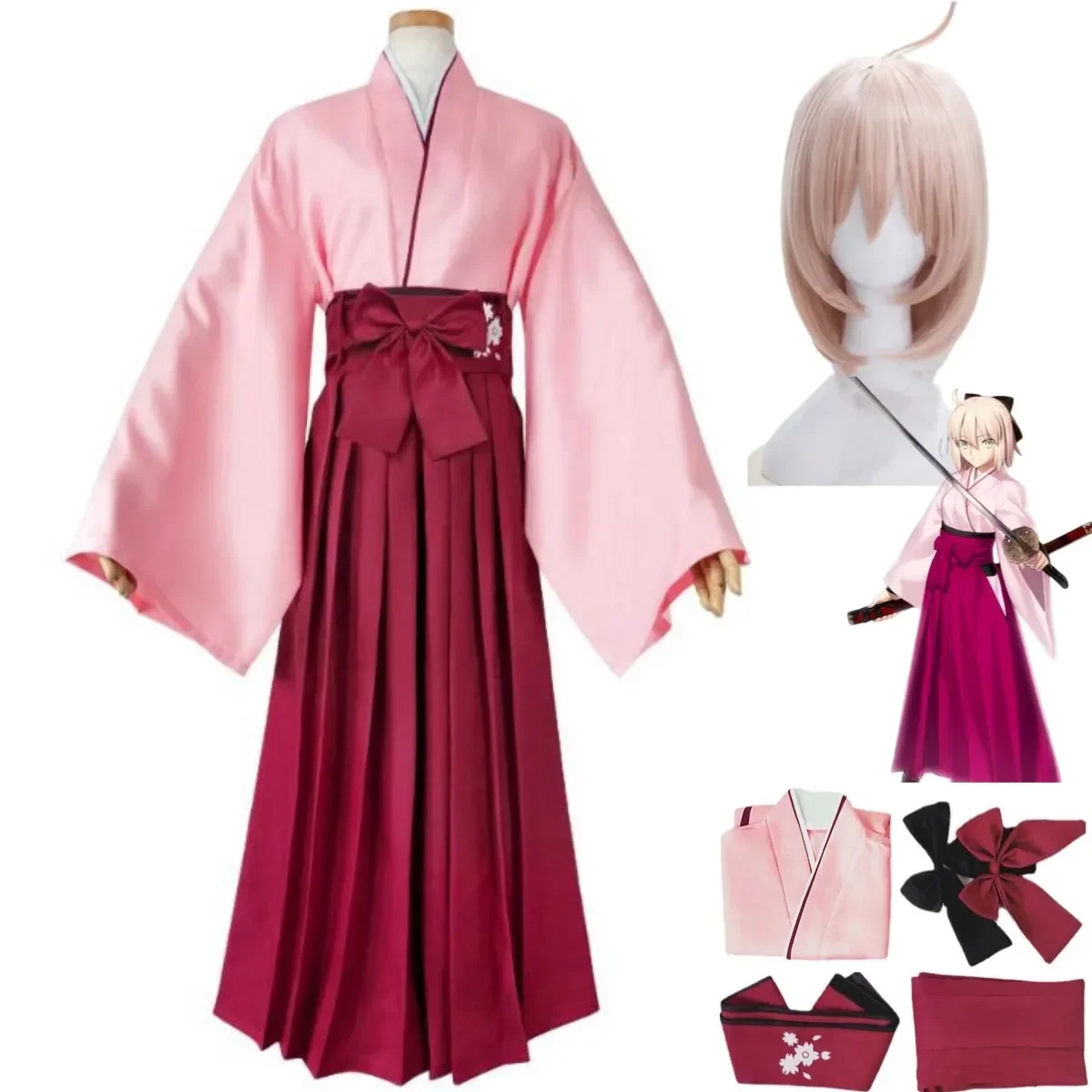 

Anime Game Fate/Grand Order Okita Souji Cosplay Costume Sakura Saber Wig Japanese Pink Kimono Woman Kawaii Halloween Suit