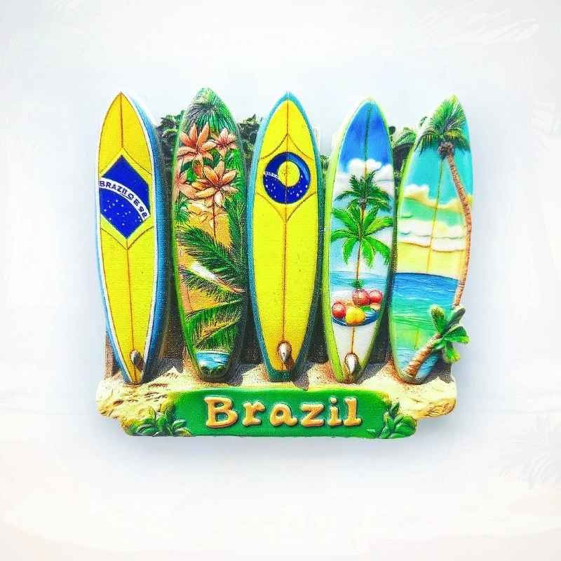 Brazil Beach Fridge Magnet - Vibrant 3D Surfboard & Palm Tree Souvenir Unique Coastal Gift for Travel & Tropical Home Decor
