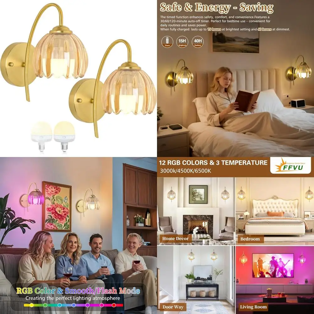 

Flower-Shaped Vintage Wall Sconce, 15-Color Battery-Powered Lights for Home Decor (Amber Tulip, 2 Lights)