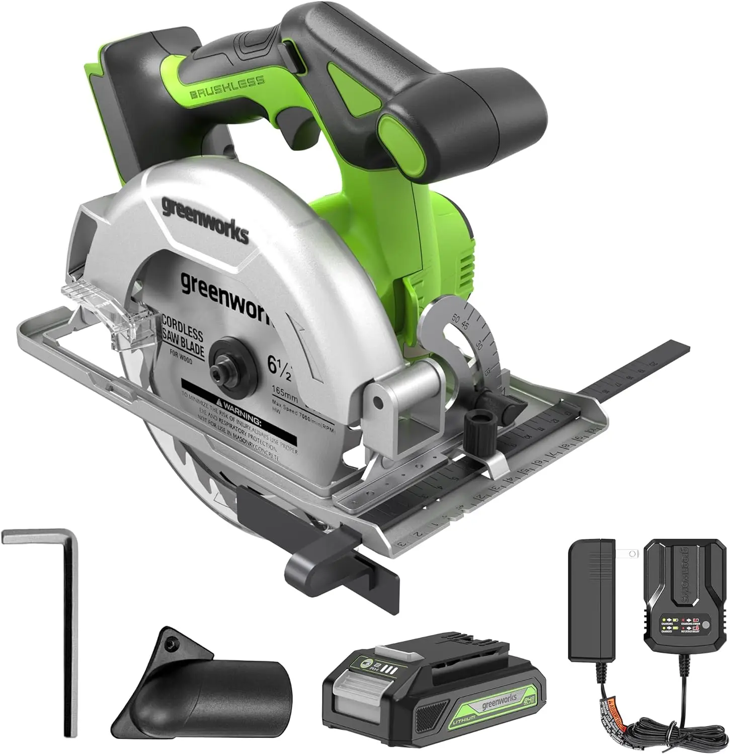 

Greenworks 24V Brushless 6-1/2" Circular Saw Kit, 4,800 RPM, Adjustable Cutting Depth 45°/90°, With 24V 2Ah Battery and Charger