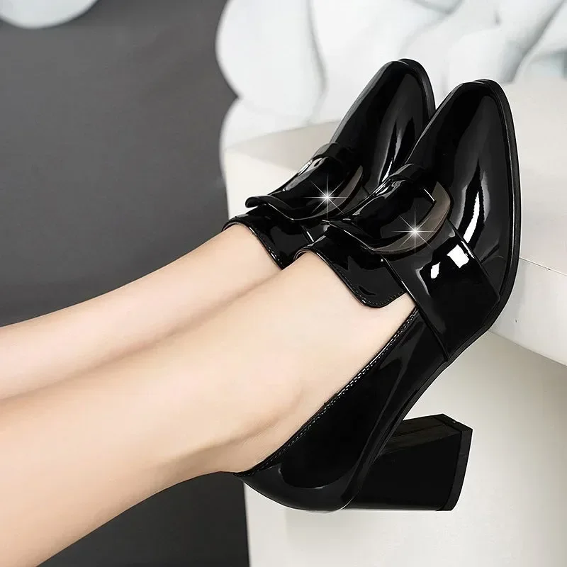 Shoes for Women 2024 Autumn New Women\'s High Heels Shoes Patent Leather Pointed Toe Women\'s Dress Comfortable Chunky Heel Shoes