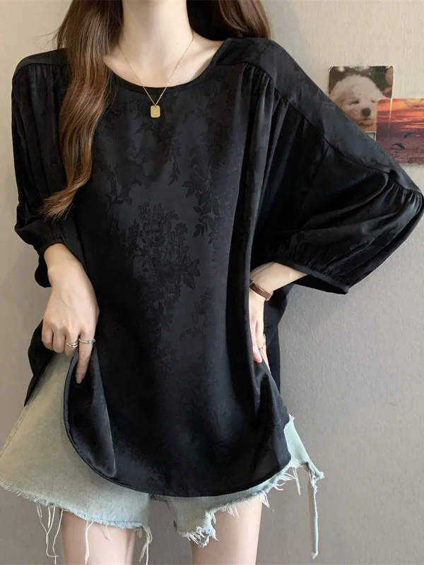 Elegant Satin Seven-Quarter Sleeve Base Shirt Women's plus Size Summer Slimming New Chinese Style Retro Embroidery Top