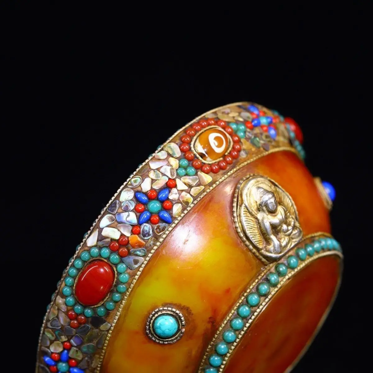 Tibetan Retrospective Amber Offering Bowl, Fully Handmade Inlaid with Gemstones and Dzi Beads