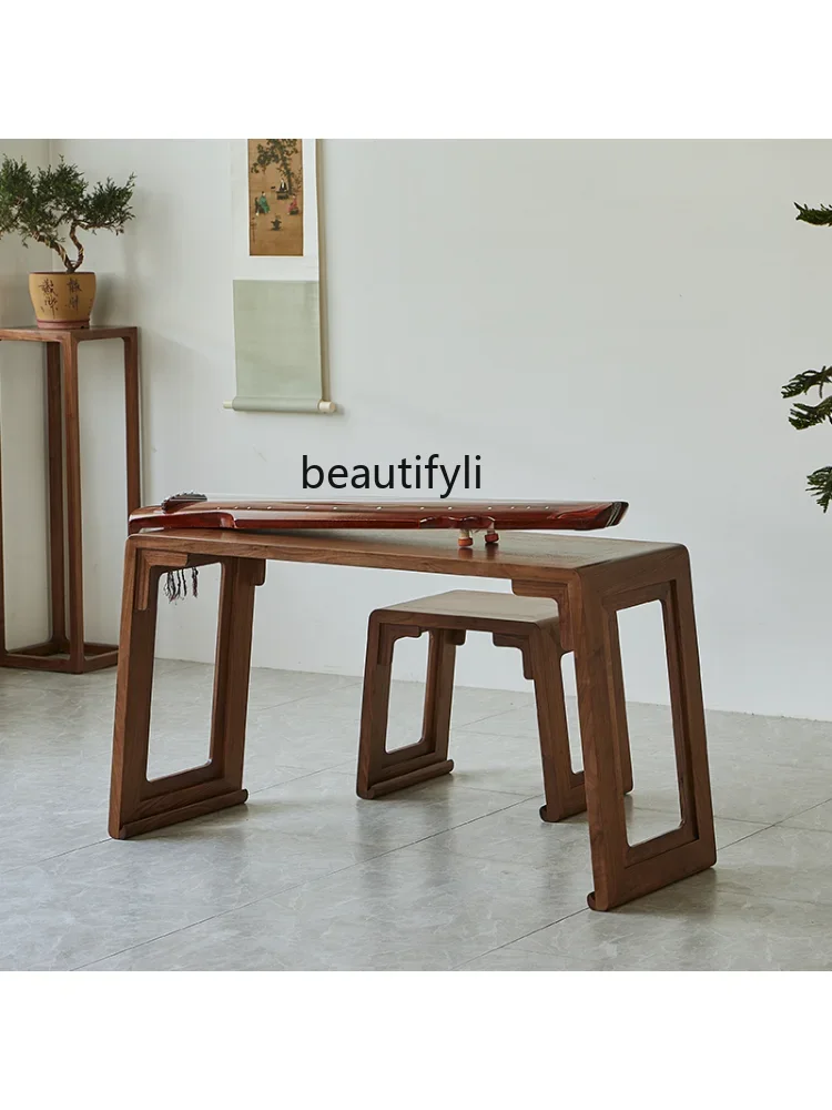 S New Chinese Style Black Walnut Guqin Table Piano Stool Zen Solid Wood Guzheng Table Chinese Calligraphy Painting Old Elm