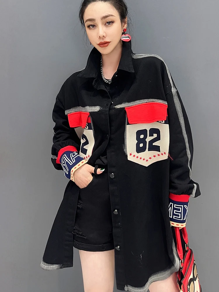 SHENGPALAE 2024 Spring Fashion Denim Jacket Color Blocking Printing Long Sleeved Shirt Washing Heavy Industry Casual Top 5R9662