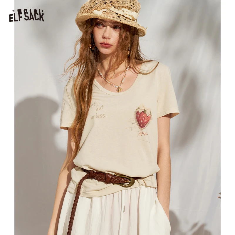 ELFSACK Strawberry Print Loose Fit Graphic Tee, Punk Street Casual Knit T-Shirt, Sweet Cool Daily Top for Women