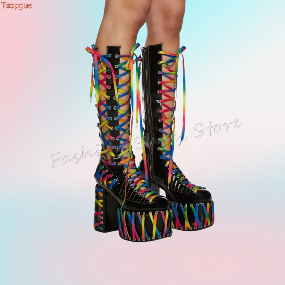 

Black Rainbow Shoelaces Platform Boots Lace up Chunky High Heels High Heel Shoes for Women Heels 2025 New Zapatos Para Mujere
