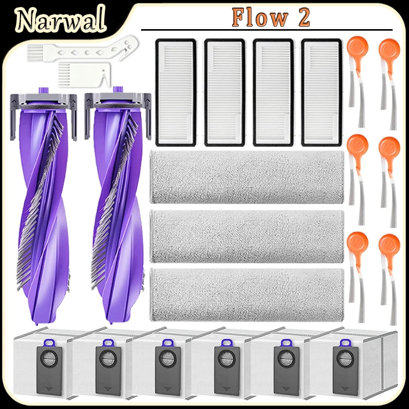 For Narwal Flow 2 Robot Vacuum Accessories:Main Brush,Side Brush,HEPA Filter,Dust Bags,Track Mop Cloth Replacement Parts
