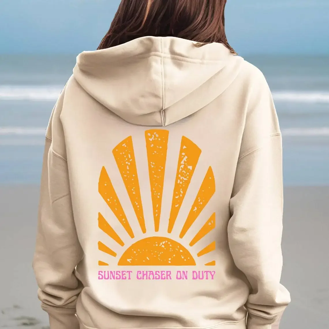 SUNSET CHASER ON DUTY Spring and Autumn new womensolid color letter hooded fleece sweatshirt fashion casual hoodie