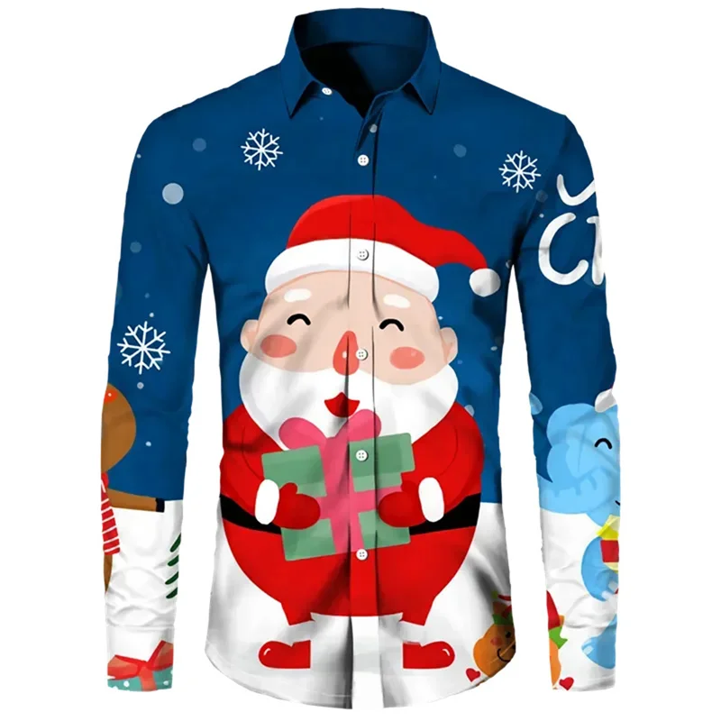 3D Printed Santa Claus Horse Hawaiian Shirts Men Christmas Decorations Pattern Aloha Shirts Loose Long Sleeve Lapel Tops Blouse