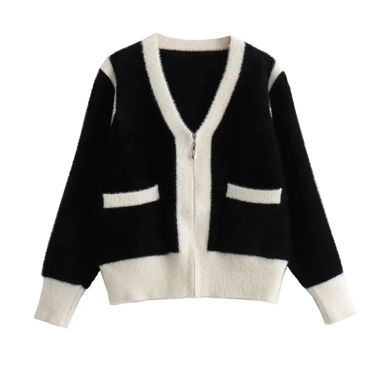 2023 Women Retro White Black Contrast color Knitting Shaggy Cardigan V neck Open Zipper Long Sleeve Sweater