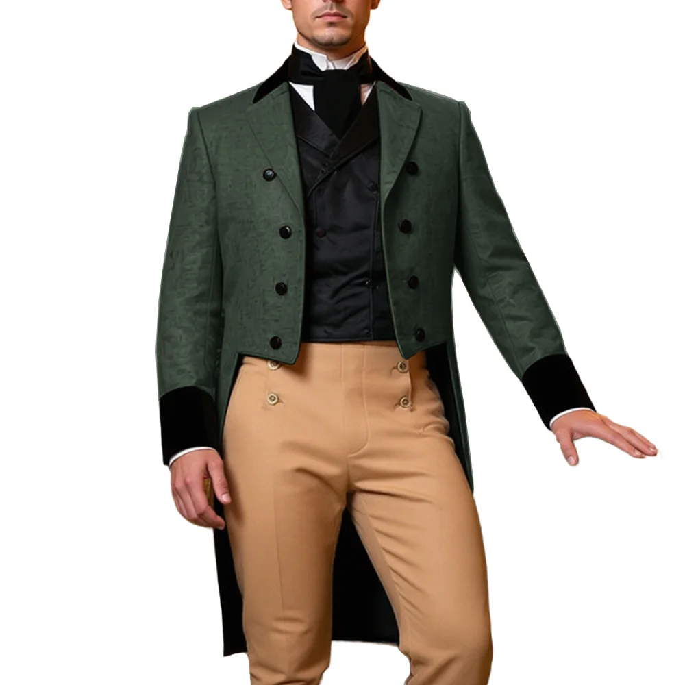 

Royal-Style Men's 3-Piece Suit — Long Tailcoat Ensemble (Jacket, Trousers, & Vest) — Wedding Groom's Formalwear & Custom Outfit